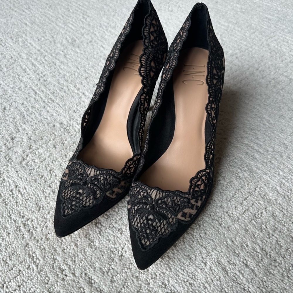 INC Black Heels with Intricate Lace Overlay - Picture 3 of 9